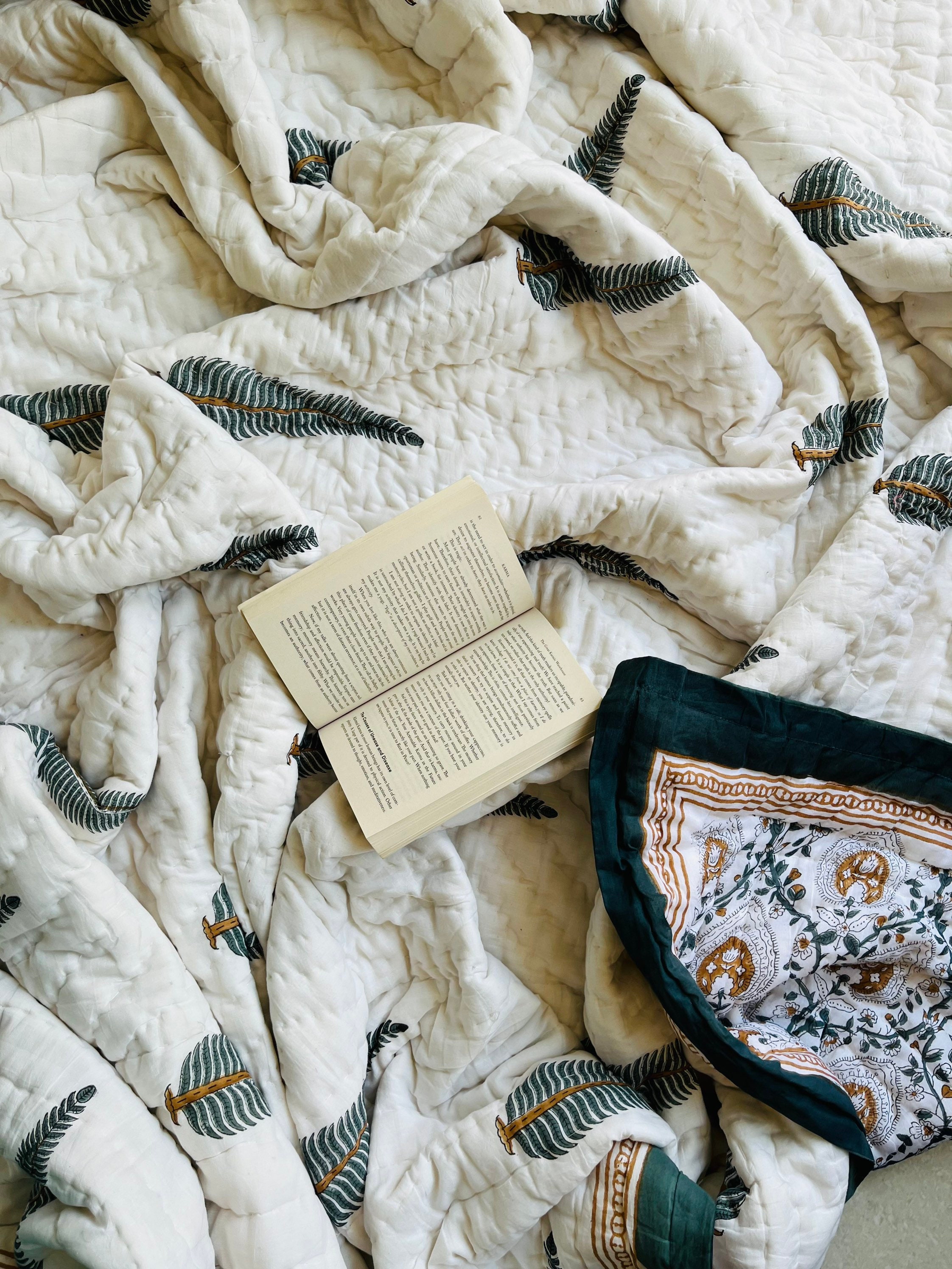 Hand Block Printed Cotton Quilt: Reversible Floral Razai Blanket