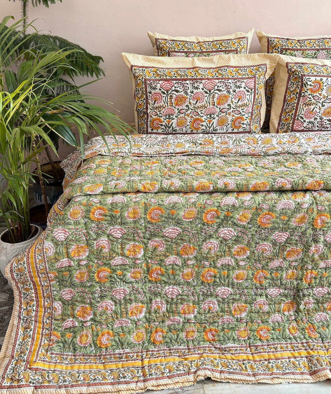 Handmade Indian Block Print Cotton Quilt: Reversible Floral