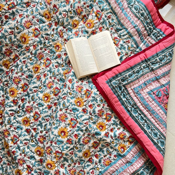 Indian Reversible Quilts/Jaipuri Razai/Soft Quilt/Hand Block Print Quilt /Jaipuri Famous Quilt/Queen Quilt/Kantha Quilt/Floral Quilt/ Quilts