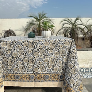 Block Printed Cotton Tablecloth: Boho Floral Dining Table Cover