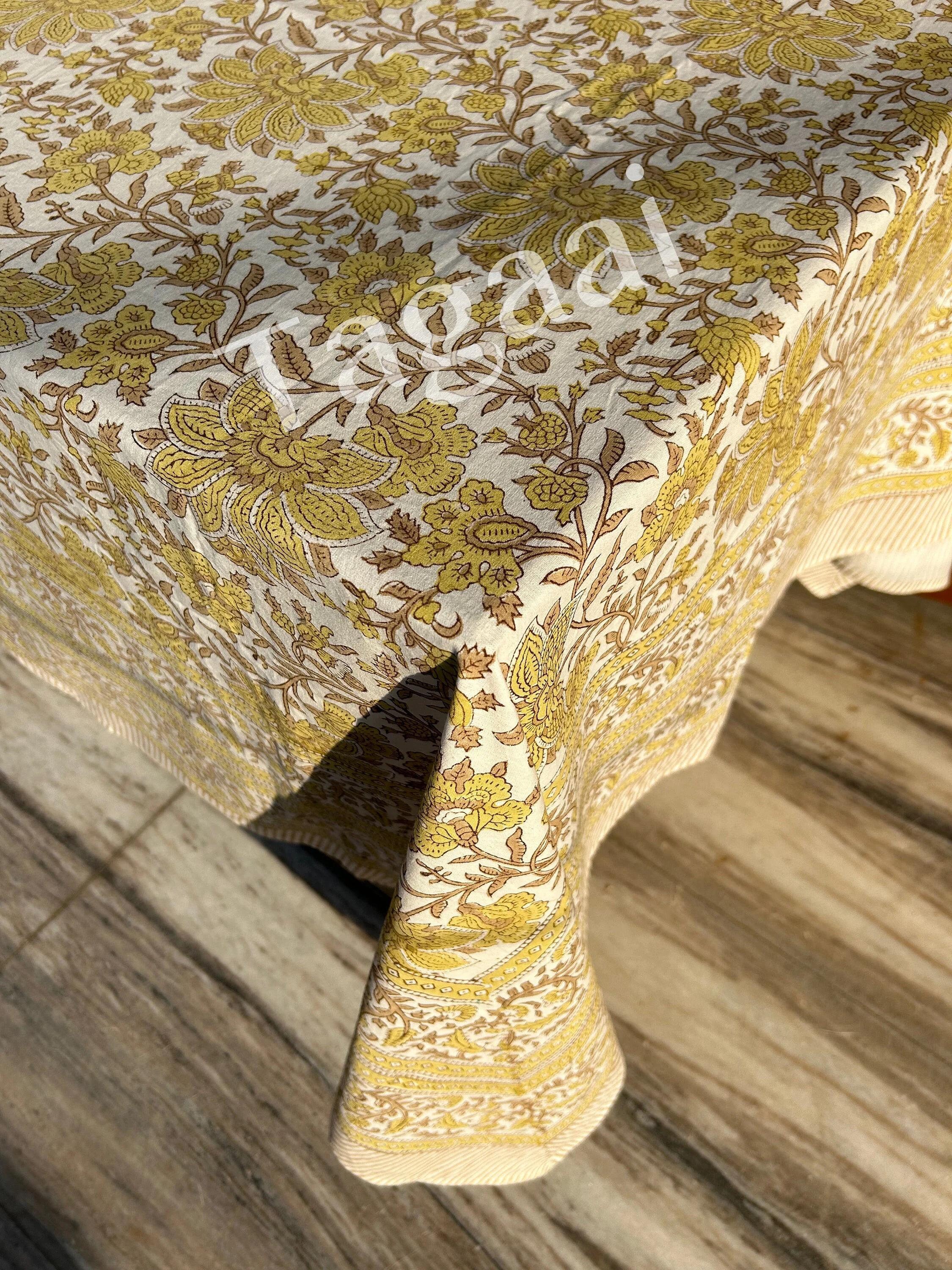 Cotton Rectangle Block Print Floral Tablecloth, Indian Decorative Vintage Dining Table Cover, Kitchen Housewarming Wedding gifts, Home Decor