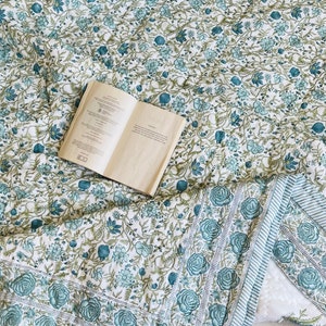 Reversible Jaipuri Rajai, Hand Block Printed Blue Quilt,Light Weight Soft Fine Quilt,Cotton Voile Quilt Floral Print with Cotton Filling
