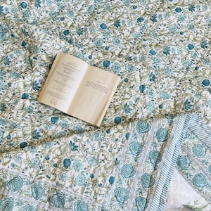 Reversible Jaipuri Rajai, Hand Block Printed Blue Quilt,Light Weight Soft Fine Quilt,Cotton Voile Quilt Floral Print with Cotton Filling