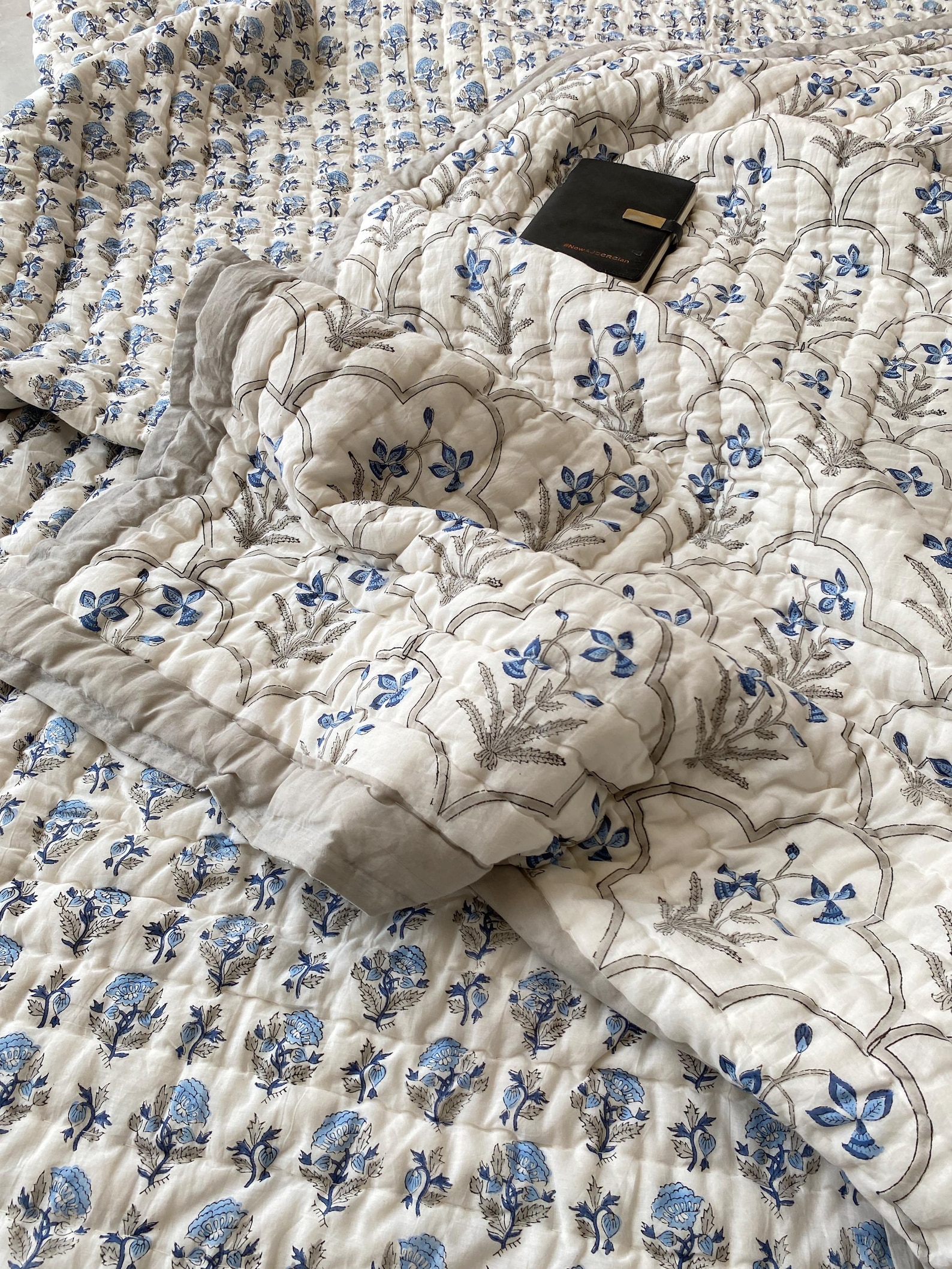 Block Print Quilt: Blue Floral Pattern, Cotton Bedding, Bohemian Home ...