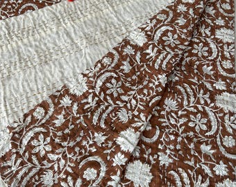 Rich Brown Cotton Floral Throw Kantha Handmade Stitched Bed Cover, Indian Summer Style Bedding Blanket