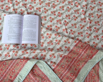 Indian Dohar Bedspread Comforter, Jaipuri Razai, Handmade Floral Quilt, TagaaibyRoshni Throw, Reversible Razai, Mother&#39;s Day Gift, Bedspread