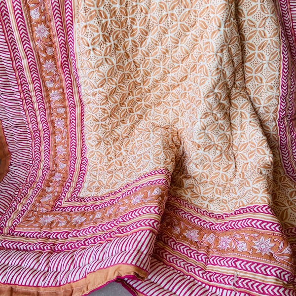 Hand Block Print Queen Quilt: Indian Kantha Cotton Bedspread