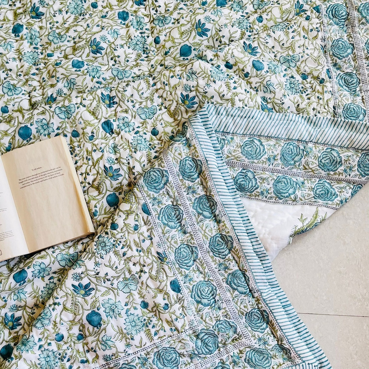 Hand Block Printed Cotton Quilt: Reversible Floral Bedding - Etsy