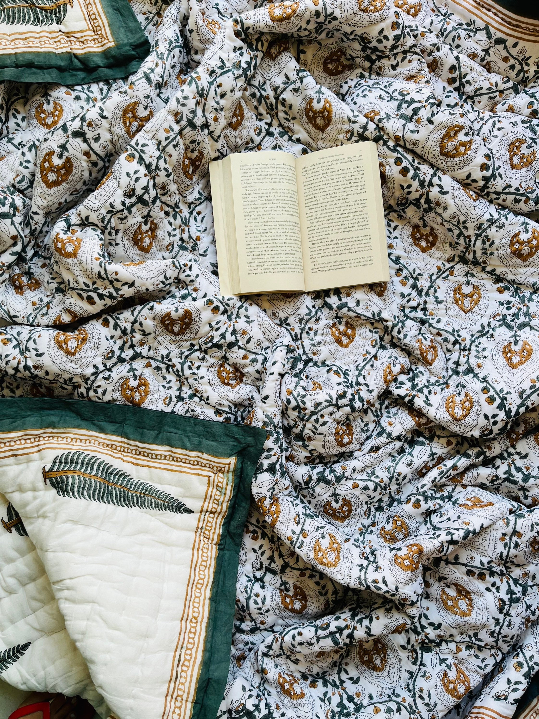 Hand Block Printed Cotton Quilt: Reversible Floral Razai Blanket