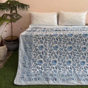 Blue Floral Block Print Dohar: Reversible Indian Cotton Bed Throw