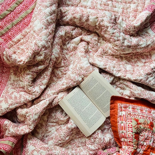 HandBlock Print Handmade Queen floral Cotton Quilted Quilt Cotton Blanket Handmade Bedspread shops Hand Block Print, 100% Cotton Blanket Throw