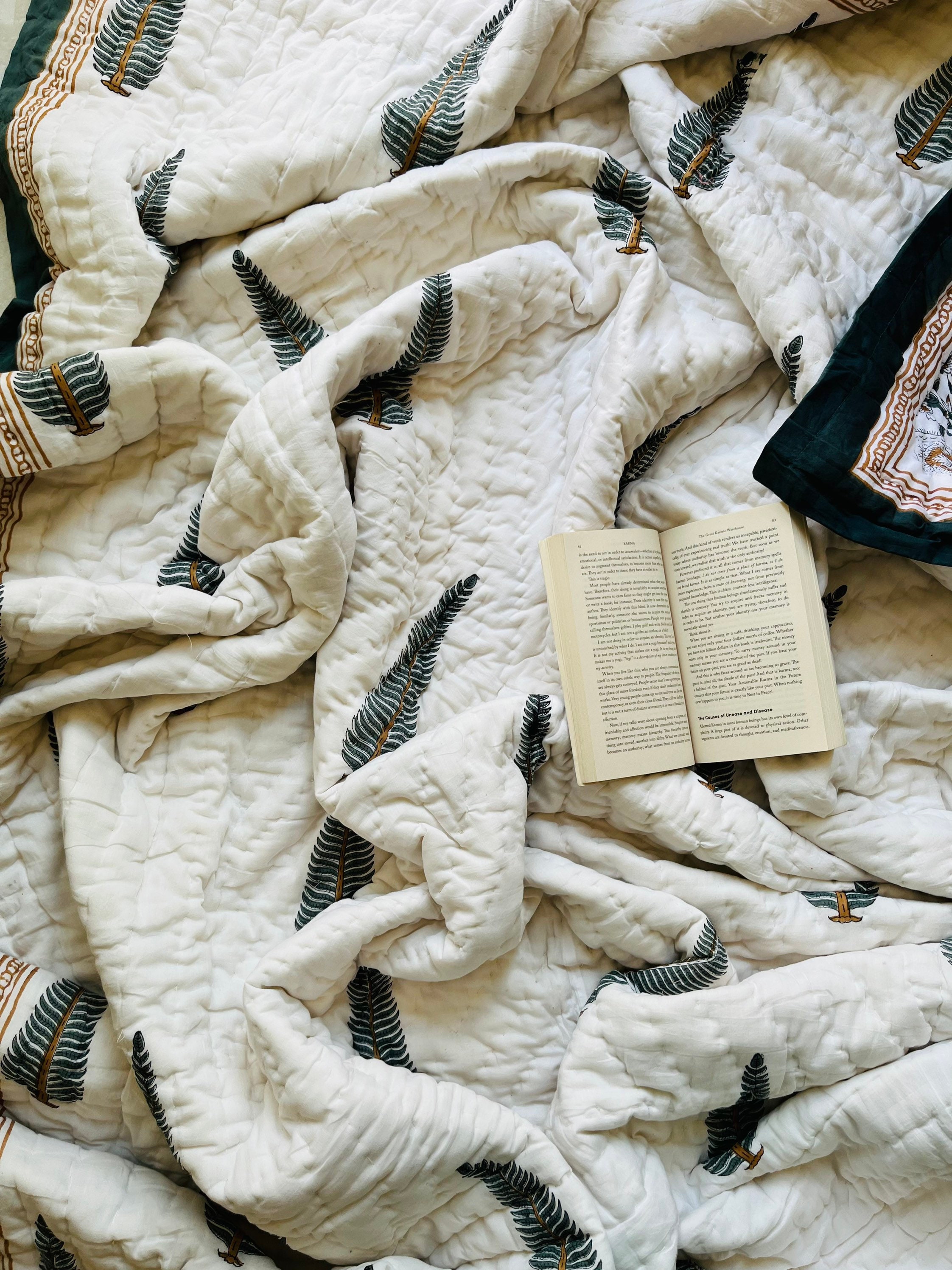 Hand Block Printed Cotton Quilt: Reversible Floral Razai Blanket