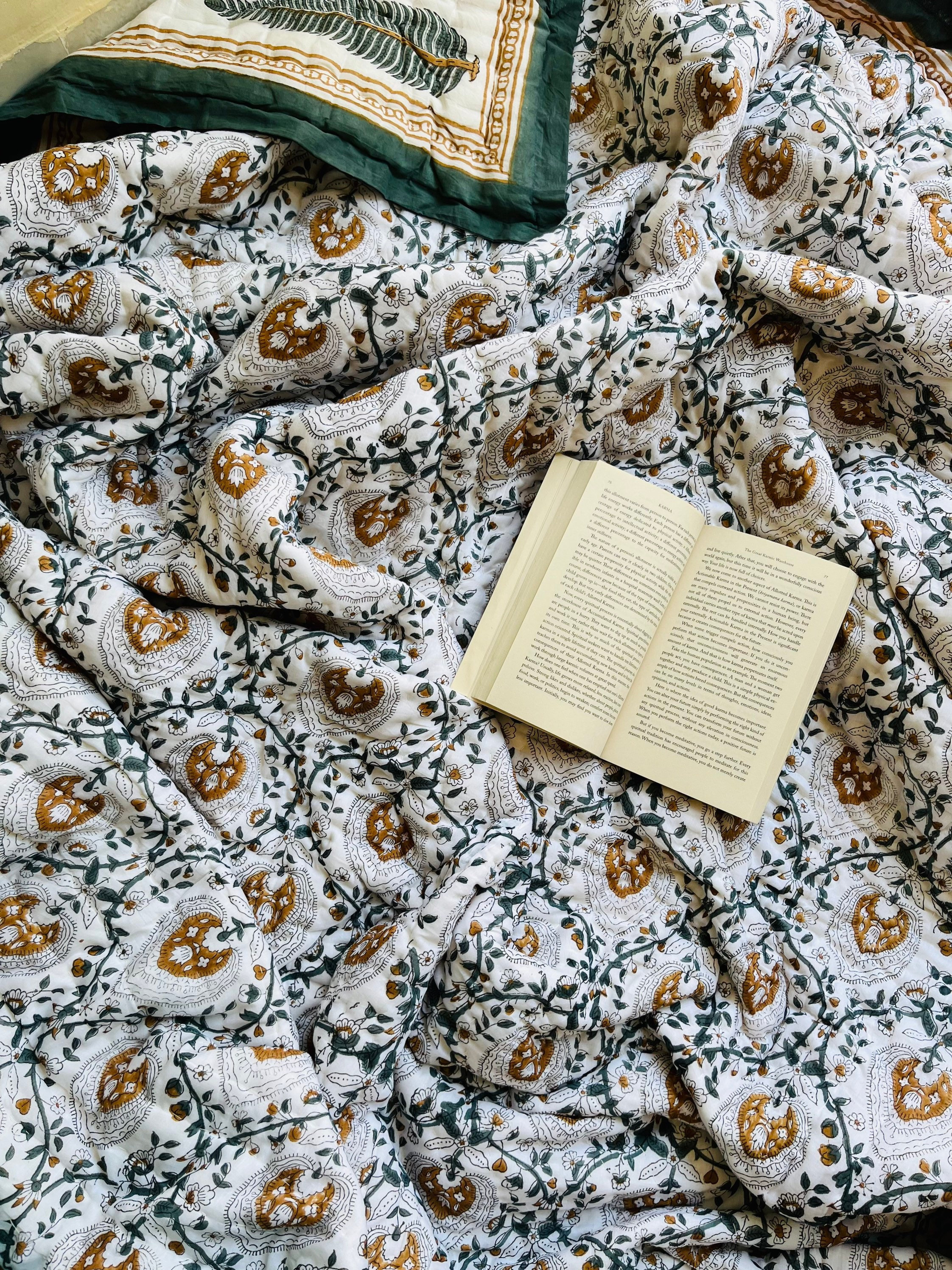 Hand Block Printed Cotton Quilt: Reversible Floral Razai Blanket
