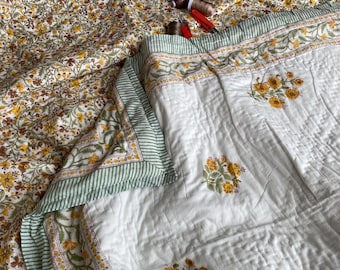 Jaipur Block Print Cotton Quilt: Yellow Floral Bohemian Razai