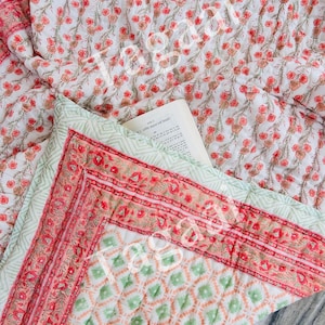 Hand Block Print Cotton Quilt: Reversible Queen Size Boho Bedding