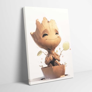 May include: A smiling cartoon Groot character in a brown pot with green leaves. The character is brown and has a light brown face with a happy expression.