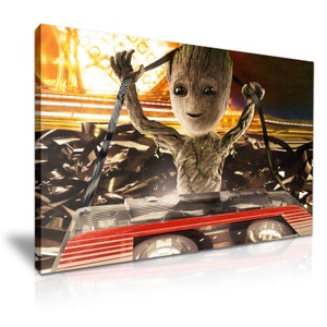 May include: A green, humanoid character with a large smile is holding a cassette tape. The character is standing on a red and white cassette player. The background is a blurry image of a futuristic city.