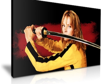 May include: A woman in a yellow and black jumpsuit holds a katana sword in front of her. The background is a red and black grunge style.