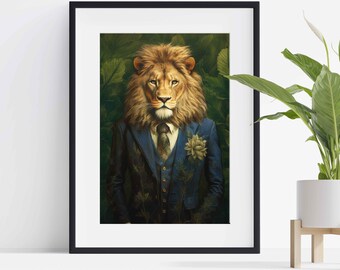 May include: A lion wearing a blue suit with a white flower and a tie. The lion is set against a green leafy background.