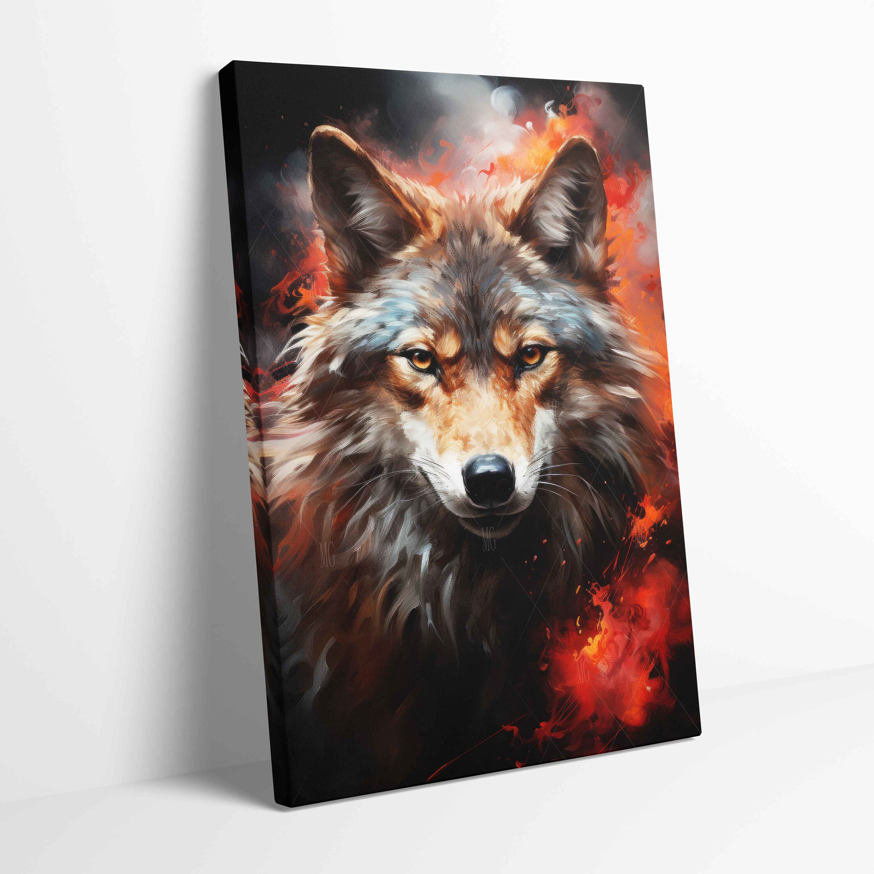 Wolf in Fire Stretched Canvas Poster Print Wall Art ~ More Size
