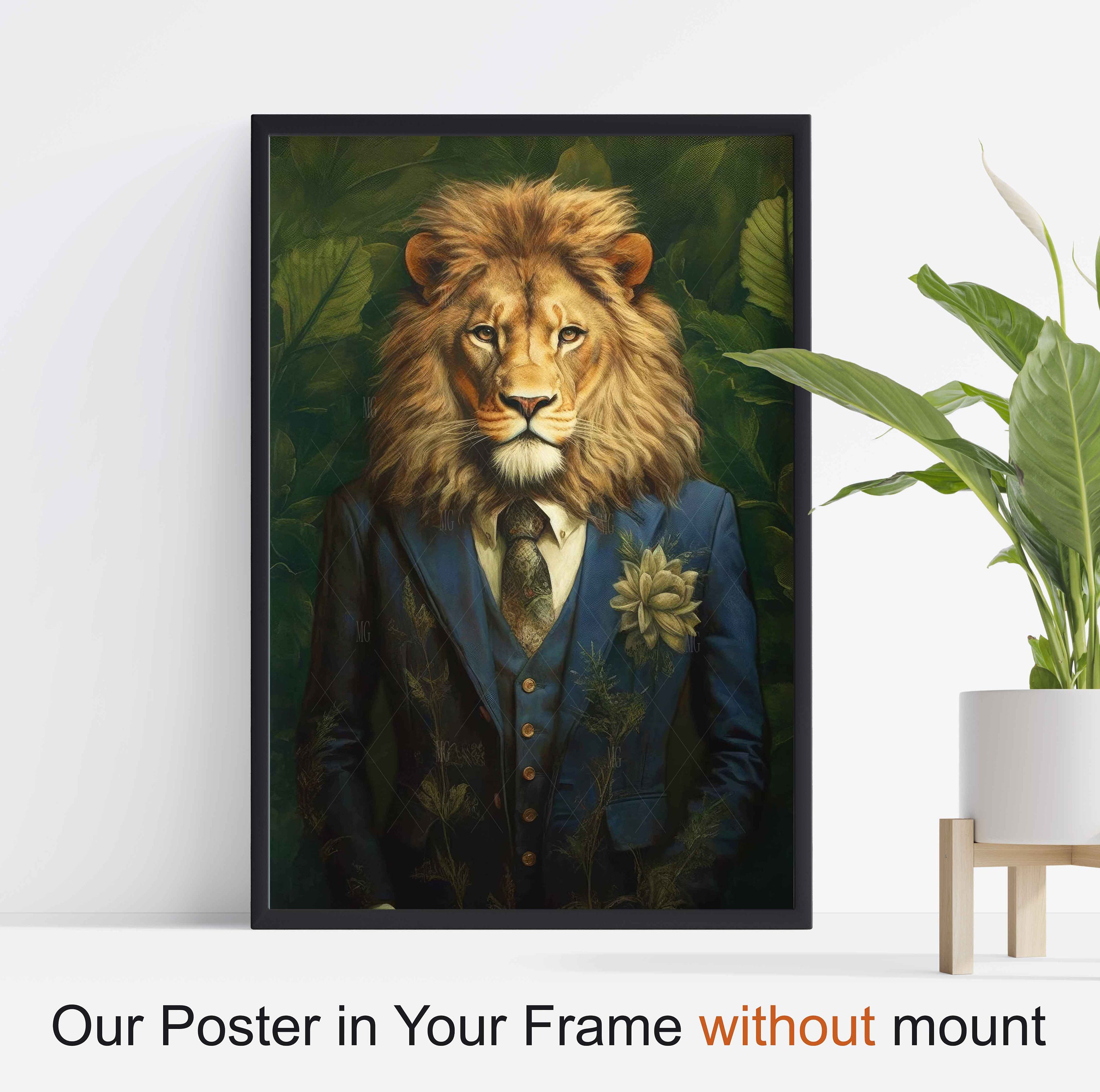 Lion in Suit Portrait Art Animal Stretched Canvas Poster Print Wall Art ...