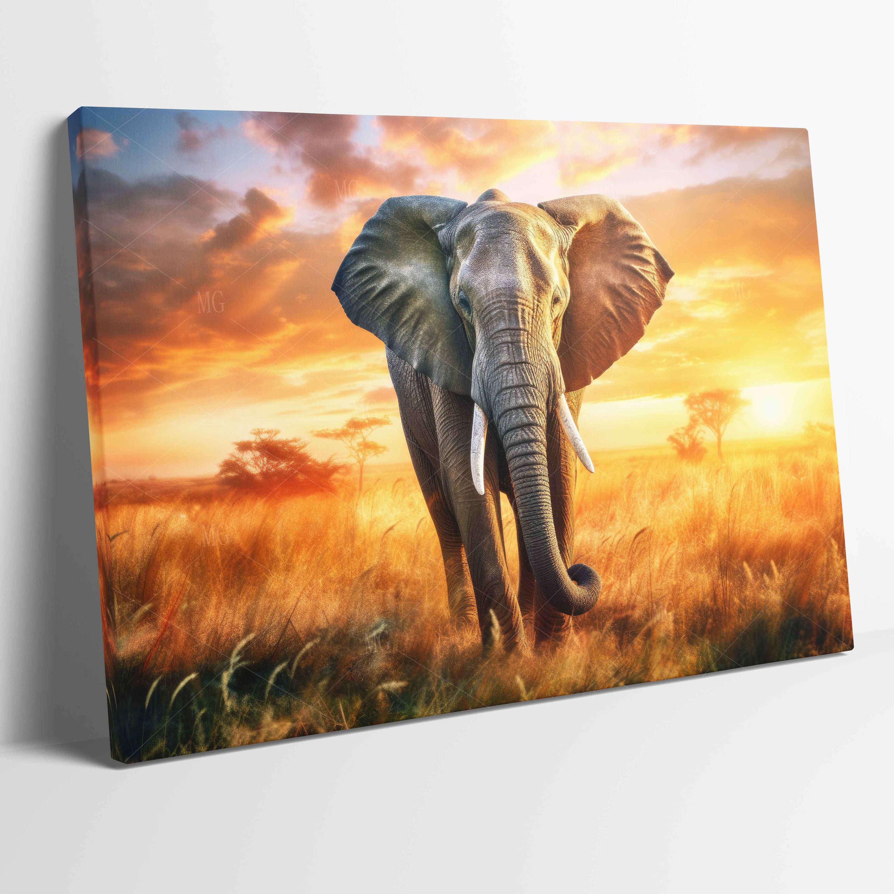 Elephant at Sunset Africa Animal Stretched Canvas Poster Print Wall Art ...