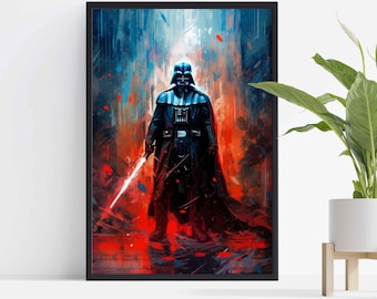 May include: Framed art print featuring Darth Vader from Star Wars. The artwork depicts Vader in a dramatic pose, holding a red lightsaber, set against a backdrop of red, blue, and black brushstrokes. The print is in a black frame.