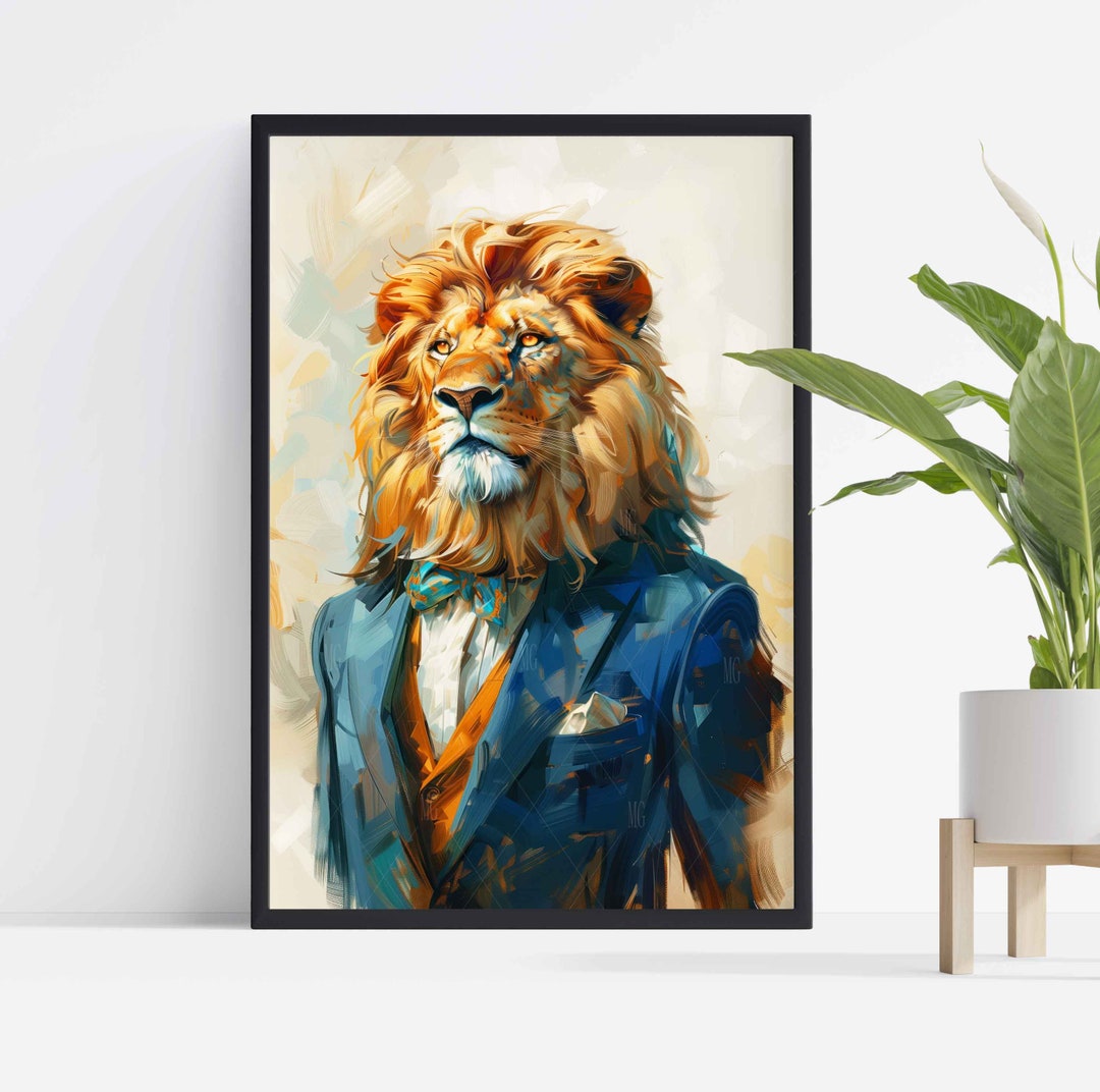 Lion in Blue Suit Portrait, Stretched Canvas or Unframed Poster - Etsy UK