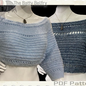 Op de afbeelding: Twee gehaakte tops, één lichtblauw en één donkerblauw, met een losse, off-shoulder stijl. De tops zijn gemaakt met een textuur-steek en hebben een getailleerde lengte. De tekst "The Batty Belfry" is zichtbaar in de linkerbovenhoek van de afbeelding. De tekst "PDF Pattern" is zichtbaar in de rechterbenedenhoek van de afbeelding.