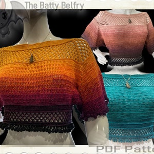 May include: Crochet top pattern featuring a gradient color design in three color variations: orange, teal, and pink. The pattern includes a crocheted lace trim and a tassel border. The pattern is available as a PDF download. "The Batty Belfry" is written on the image.