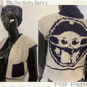 May include: A crochet vest with a purple and white design featuring a character from the Star Wars franchise. The vest has a pocket on the front and a scoop neck. The back of the vest features a large image of the character. The image is in a circle with a purple border. The vest is on a mannequin. The text "The Batty Belfry" is in the top left corner of the image. The text "PDF Pattern" is in the bottom right corner of the image.