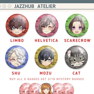 OTOME CAN BADGE Metal pins bustafellows, olympia soiree, and cupid parasite freebies per set!  Hand drawn character designs