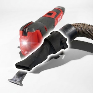 May include: A red and black cordless vacuum with a black nozzle and hose. The vacuum has a built-in light and the text "FUEL" is visible. A silver blade attachment is also included.