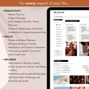 Peut inclure: Une capture d'&eacute;cran d'une interface d'application de journal num&eacute;rique avec une liste de fonctionnalit&eacute;s pour la productivit&eacute;, la sant&eacute; et le bien-&ecirc;tre. L'application comprend des invites de journal quotidiennes, une vue du calendrier des entr&eacute;es pass&eacute;es et un menu de navigation avec des cat&eacute;gories telles que "Vie", "Mon journal", "Biblioth&egrave;que de livres" et "Actions rapides".