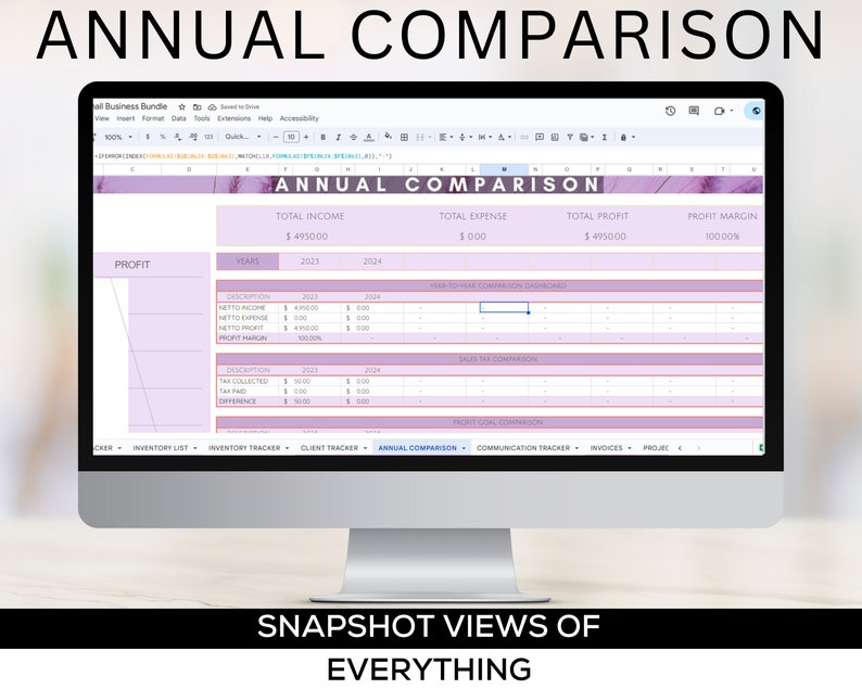 May include: A computer screen displaying a spreadsheet with the title "Annual Comparison". The spreadsheet shows financial data for the years 2023 and 2024, including total income, total expenses, total profit, and profit margin.