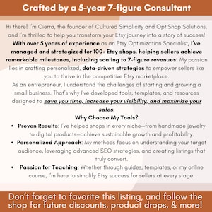 Peut inclure: Texte superpos&eacute; sur un fond brun avec le texte "Crafted by a 5-year 7-figure Consultant". Le texte ci-dessous d&eacute;crit les services d'un sp&eacute;cialiste de l'optimisation Etsy qui aide les vendeurs Etsy &agrave; r&eacute;ussir.