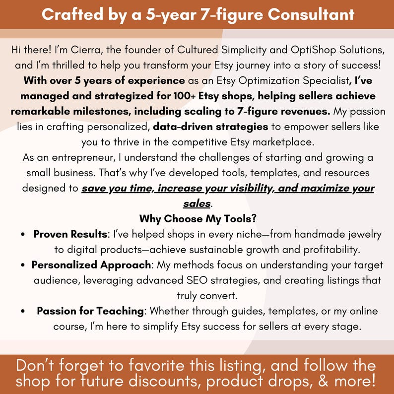 Peut inclure: Texte superpos&eacute; sur un fond brun avec le texte "Crafted by a 5-year 7-figure Consultant". Le texte ci-dessous d&eacute;crit les services d'un sp&eacute;cialiste de l'optimisation Etsy qui aide les vendeurs Etsy &agrave; r&eacute;ussir.