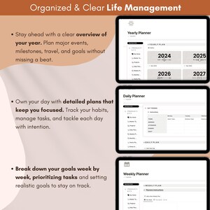 Peut inclure: Un planificateur num&eacute;rique avec trois vues diff&eacute;rentes&nbsp;: annuelle, quotidienne et hebdomadaire. Le planificateur est con&ccedil;u pour aider les utilisateurs &agrave; rester organis&eacute;s et &agrave; g&eacute;rer leur temps efficacement. La vue annuelle affiche un calendrier avec les ann&eacute;es 2024, 2025, 2026 et 2027. La vue quotidienne affiche un horaire avec des cr&eacute;neaux horaires pour le matin, l&rsquo;apr&egrave;s-midi et le soir. La vue hebdomadaire affiche un calendrier avec les jours de la semaine.