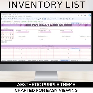 May include: A computer screen displaying a spreadsheet with a purple and pink color scheme. The spreadsheet is titled "Inventory List" and includes columns for item description, supplier, quantity in stock, item cost, total cost, inventory value, arrival date, order status, and notes. The spreadsheet also includes a calendar for March 2023.
