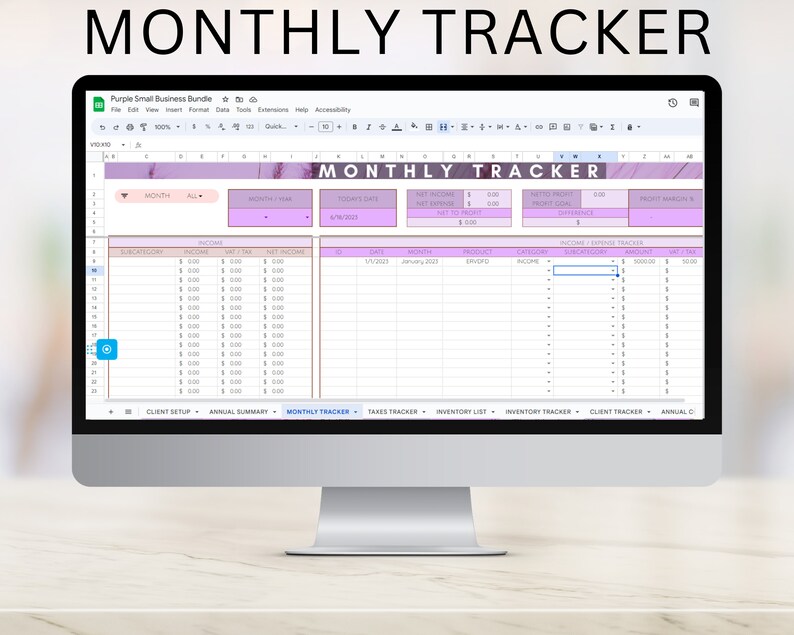 May include: A computer screen displaying a spreadsheet with a monthly tracker for a small business. The spreadsheet includes columns for income, expenses, and net profit. The spreadsheet is titled "Monthly Tracker".