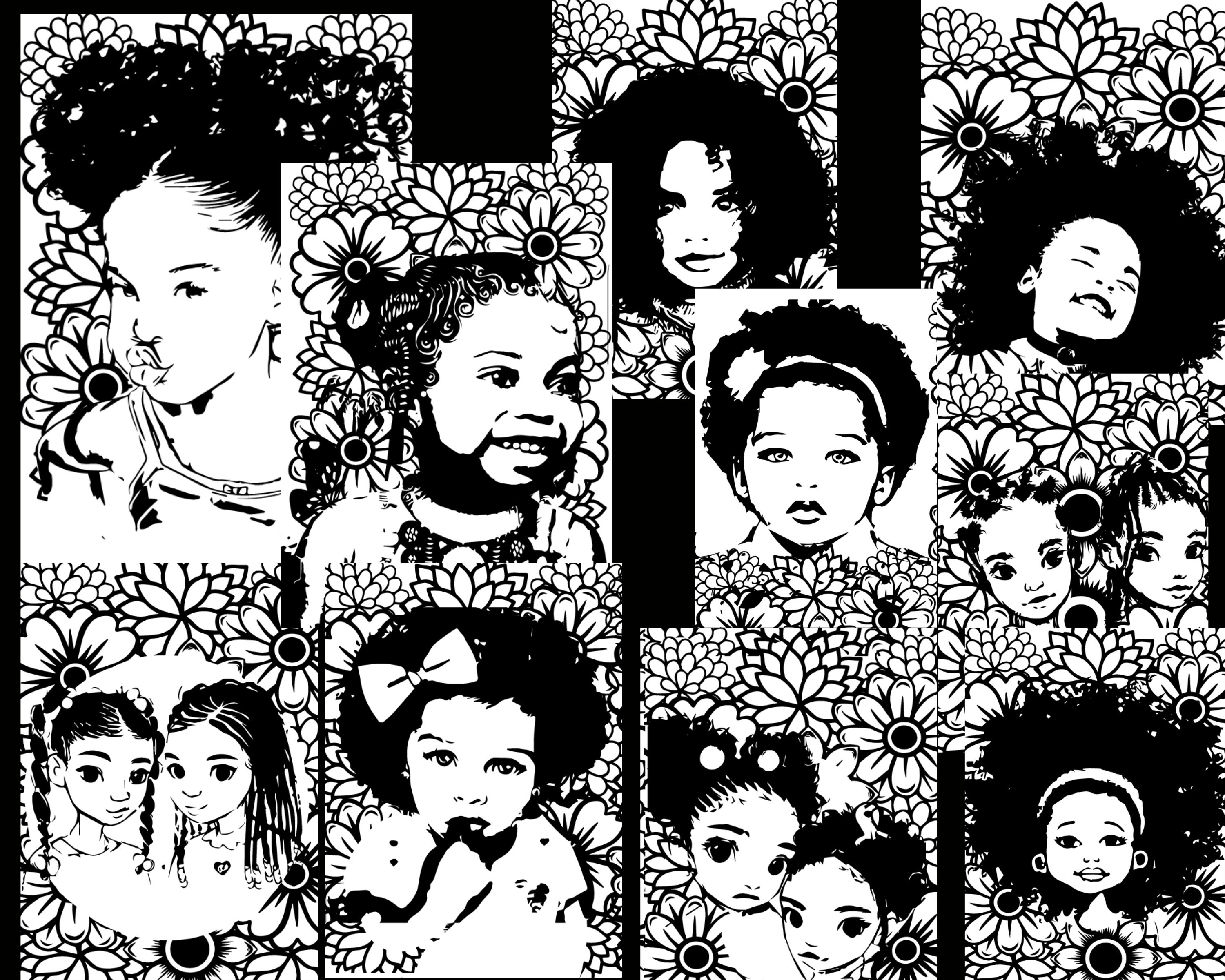 Little Black Girl Coloring Pages Floral Print | Digital Printable Coloring Pages Spring | Kid Coloring Pages | Coloring Gift for Black Girls