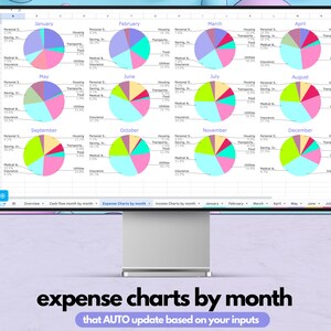 May include: A computer screen displaying a spreadsheet with 12 pie charts representing monthly expenses. Each chart is color-coded and labeled with categories like housing, personal, savings, transportation, food, medical, utilities, and insurance. The text "Expense Charts by month" is visible at the top of the screen.