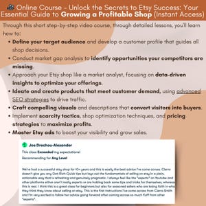Peut inclure: Un graphique beige et orange avec le texte "Cours en ligne - D&eacute;bloquez les secrets du succ&egrave;s sur Etsy : Votre guide essentiel pour d&eacute;velopper une boutique rentable (acc&egrave;s instantan&eacute;)". Le graphique &eacute;num&egrave;re les &eacute;tapes &agrave; suivre pour d&eacute;velopper une boutique Etsy, notamment la d&eacute;finition de votre public cible, la r&eacute;alisation d'une analyse des lacunes du march&eacute;, l'approche de votre boutique Etsy comme un analyste de march&eacute;, la cr&eacute;ation et la cr&eacute;ation de produits, la cr&eacute;ation de visuels convaincants, la mise en &oelig;uvre de tactiques de raret&eacute; et la ma&icirc;trise des publicit&eacute;s Etsy.