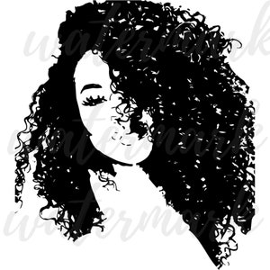 May include: Black and white silhouette of a woman with curly hair. The woman's eyes are closed and her hair is covering part of her face.