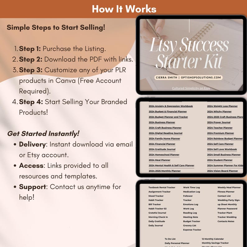 Peut inclure: Un graphique rose et blanc avec le texte "Etsy Success Starter Kit" et "Cultured Simplicity on Etsy". Le graphique &eacute;num&egrave;re les &eacute;tapes pour commencer &agrave; vendre sur Etsy, notamment l'achat d'une liste, le t&eacute;l&eacute;chargement d'un PDF avec des liens, la personnalisation de produits dans Canva et la vente de produits de marque. Le graphique &eacute;num&egrave;re &eacute;galement une vari&eacute;t&eacute; de planificateurs et de journaux imprimables disponibles &agrave; l'achat.