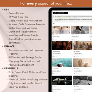 Peut inclure: Une capture d'&eacute;cran d'une interface d'application mobile affichant une liste de cat&eacute;gories de vie, notamment la sant&eacute;, la maison/vie personnelle, les relations, les affaires, le bien-&ecirc;tre, les &eacute;tudes, les voyages et la spiritualit&eacute;. Chaque cat&eacute;gorie pr&eacute;sente une barre de progression indiquant le nombre total d'objectifs enregistr&eacute;s et atteints. L'application est con&ccedil;ue pour aider les utilisateurs &agrave; suivre et &agrave; g&eacute;rer leurs objectifs dans diff&eacute;rents domaines de la vie.