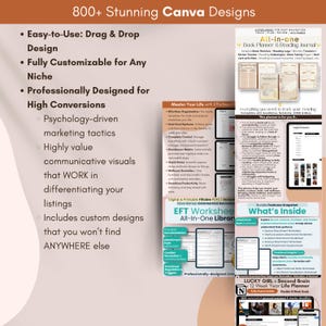 Peut inclure: Une collection de designs Canva pour le marketing et les affaires. Les designs sont personnalisables et comprennent une vari&eacute;t&eacute; de mod&egrave;les, tels qu'un planificateur de livres, un journal de lecture, une feuille de travail EFT et un planificateur de vie ma&icirc;tre. Le texte "800+ Stunning Canva Designs" est en haut de l'image.