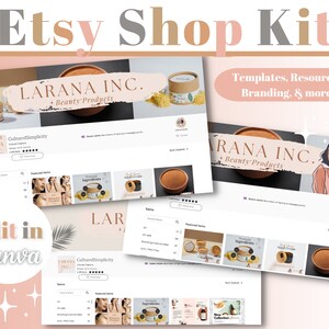 Op de afbeelding: Een digitale mockup van een Etsy-winkel voor schoonheidsproducten. De winkel heet "Larana Inc. Beauty Products". De mockup toont een verscheidenheid aan producten, waaronder een pot gezichtscrème, een pot body butter en een zeep. De mockup bevat ook een sectie voor aanbevolen items, een sectie voor productingrediënten en een sectie voor klantbeoordelingen. De mockup is ontworpen om te worden bewerkt in Canva.