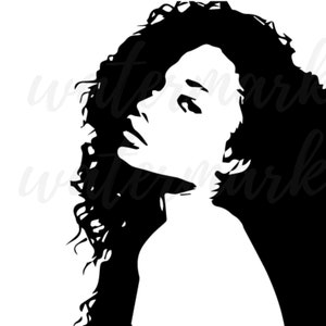 May include: Black and white silhouette of a woman with curly hair, looking up.