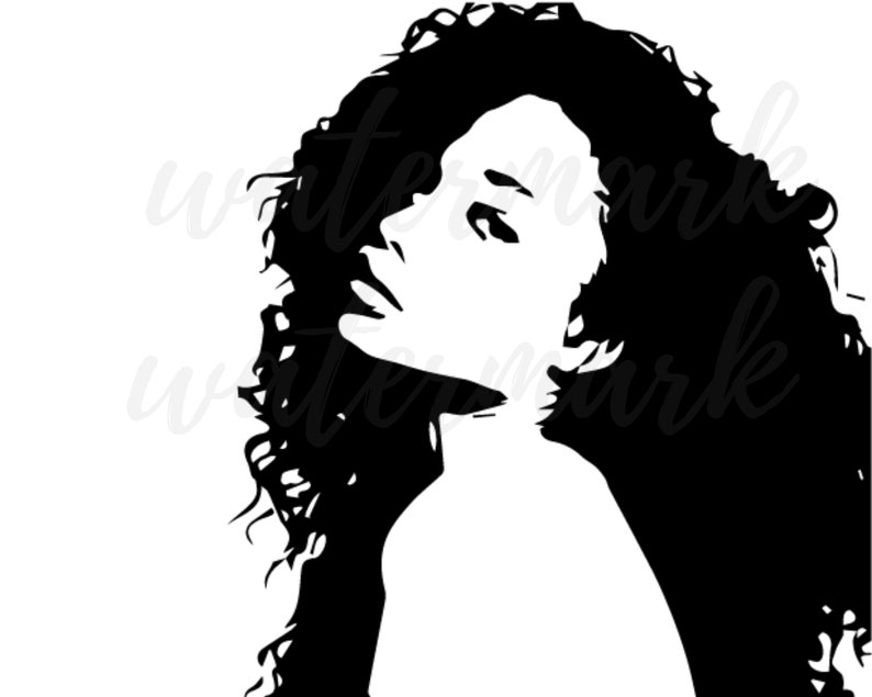 May include: Black and white silhouette of a woman with curly hair, looking up.